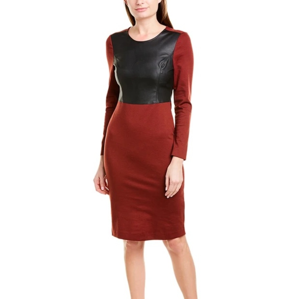 NWT BCBGMaxAzria Burgundy Red Long Sleeve Bodycon Midi Dress Leather Mixed Media